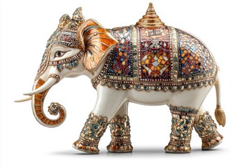 Ornate ceramic elephant figurine showcasing intricate designs and vibrant colors on display