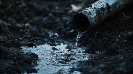 Water Flowing from Pipe into Dark Muddy Ground at Construction Site
