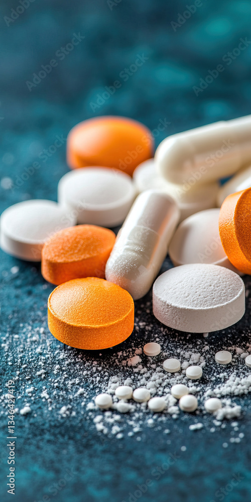 Poster assorted pills and capsules with various textures on dark background, showcasing vibrant colors and 