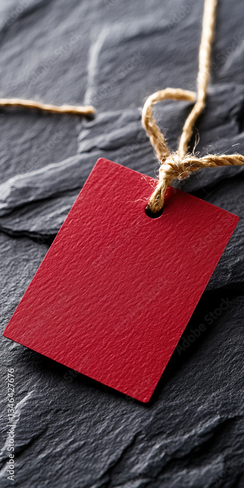 Poster shiny red price tag label hanging on textured stone surface, adding touch of elegance to any product