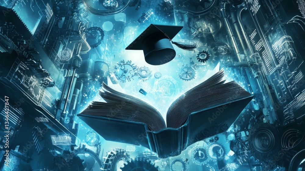 Poster a graduation cap levitates above an open book in a luminous, mechanical dreamscape filled with intri