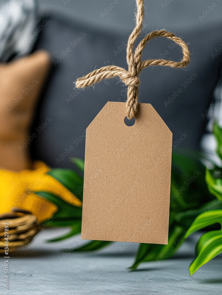 Poster blank rectangular price tag label hanging with rustic twine, surrounded by greenery and soft cushion