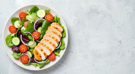 Grilled Chicken Breast Salad with Fresh Vegetables on Light Background