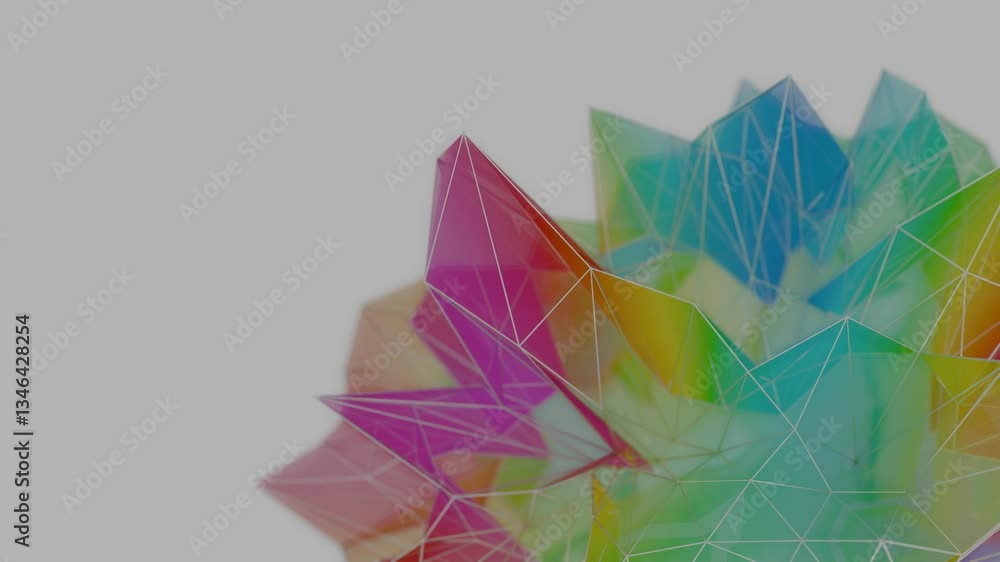 Poster A colorful polygon mesh with pastel tones and wireframe lines, forming a delicate, overlapping geometric composition that creates a modern, futuristic design.