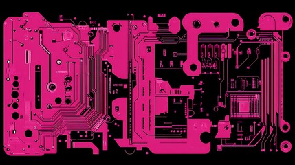 Pink circuit board with intricate traces and electronic components