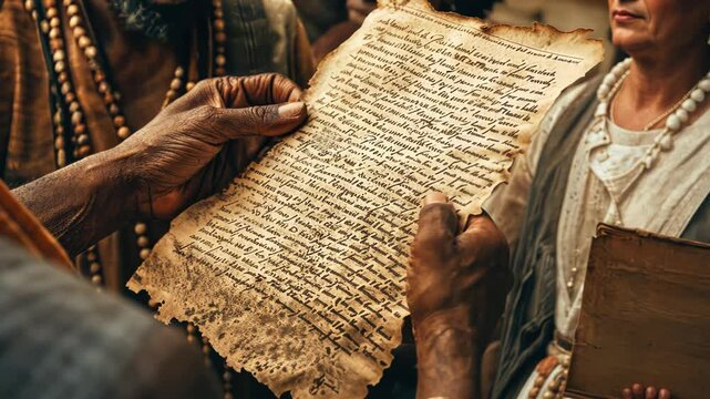 Group of diverse individuals reading a historic abolition proclamation together. International Day for the Remembrance of the Slave Trade and Its Abolition, August 23