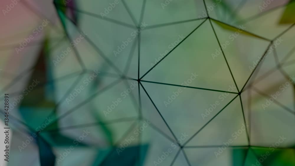 Poster A colorful polygon mesh with pastel tones and wireframe lines, forming a delicate, overlapping geometric composition that creates a modern, futuristic design.