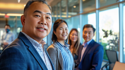 Obraz premium A team of Asian-American professionals collaborating in a modern office setting, showing leadership and teamwork in a business environment.