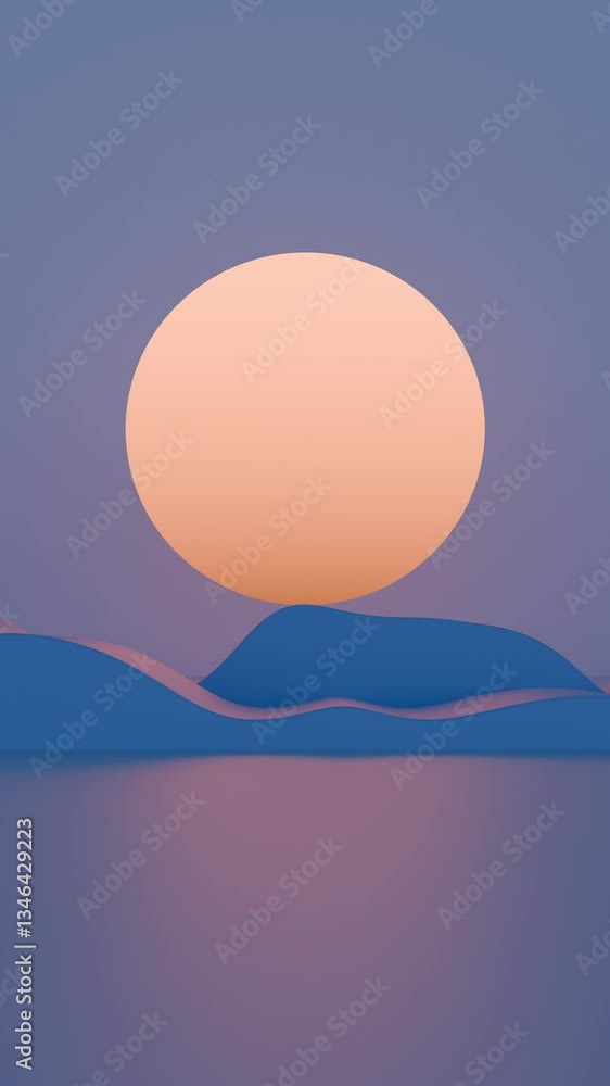 Poster minimal abstract scene with a large orange sun and rolling blue waves against a purple sky, creating