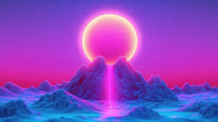 Fototapeta premium A vivid neon colored celestial orb above rolling textured landscapes