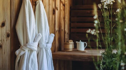 Cozy Spa Retreat with White Robes and Elegant Décor in Nature