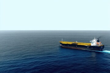 Obraz premium Aerial view of an oil tanker gliding across the calm blue ocean under a clear sky.