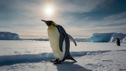 Fototapeta premium Emperor Penguin Standing on Ice Floe in Antarctic Landscape