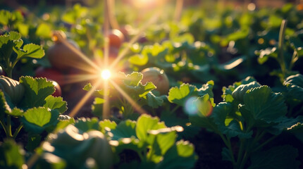 A long-exposure photograph of a vegetable garden; bright lens flare; tight close-up shot; detailed focus; captures motion and light trails; light streaks; vibrant colors.jpg