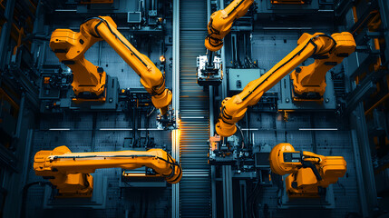 A vibrant assembly line scene featuring advanced robotic arms efficiently working together in a high-tech industrial setting.