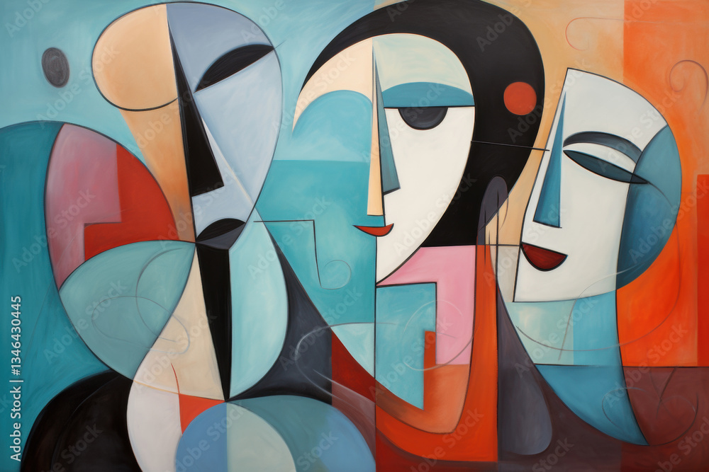 Poster abstract cubist painting emphasizing the theme of connection, featuring overlapping shapes, abstract