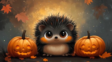 Illustrated hedgehog sitting between carved jack-o'-lantern pumpkins, surrounded by autumn leaves under a warm, glowing background. Perfect for Halloween or fall themes.. AI Generation