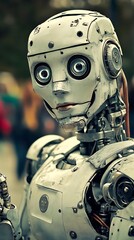 A detailed portrait shows a metallic robot with facial features and eyes