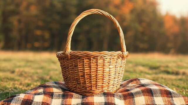 Woven basket on a plaid blanket in a serene outdoor setting.