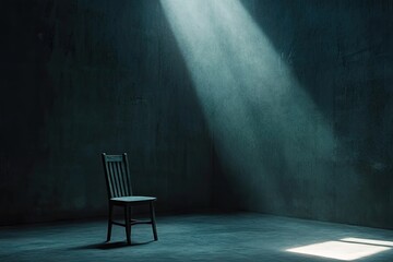 Empty room with single chair and light beams