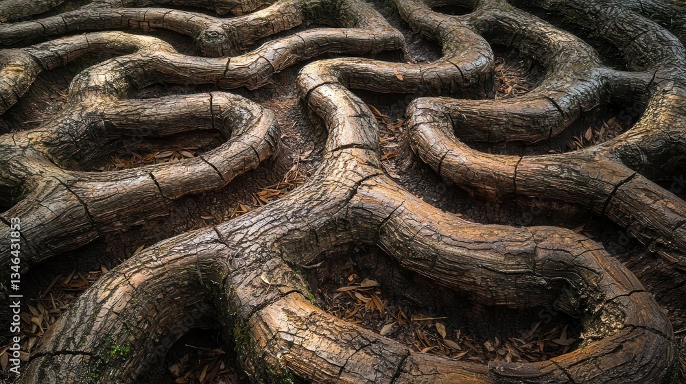 Poster twisted tree roots in forest floor creating intricate patterns