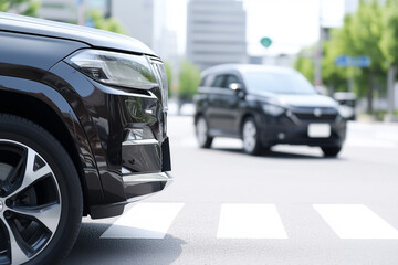Fototapeta premium Close-up of black SUV at pedestrian crossing with another black vehicle in background in urban setting