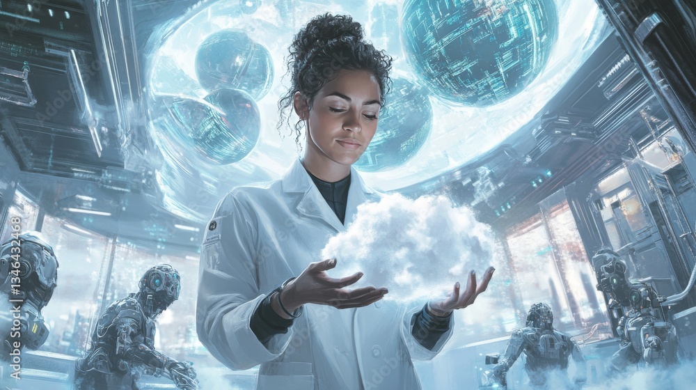 Poster a female scientist wearing a lab coat examines an artificial cloud in her hands within a high-tech f