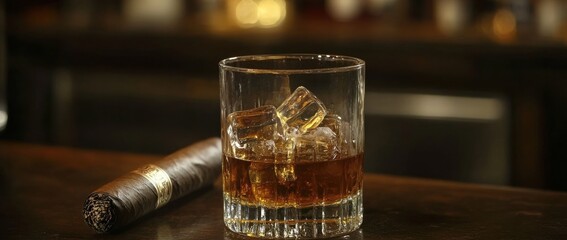 Enjoying a fine whiskey and cigar in a cozy bar setting during the evening hours