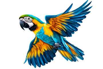 Fototapeta premium Colorful macaw flying with vibrant feathers and wings spread wide