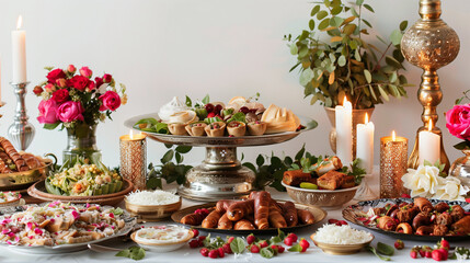 Fototapeta premium A lavish banquet table set for a festive Eid al-Fitr or Iftar dinner, beautifully decorated with candles, flowers, and traditional food.