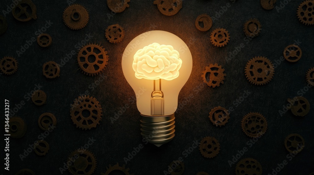 Aufkleber a glowing light bulb surrounded by a collection of gears and brain graphics symbolizing the spark of