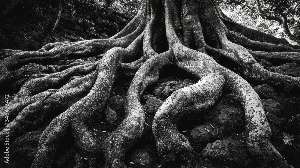 Poster dramatic black and white roots of ancient tree creating unique texture