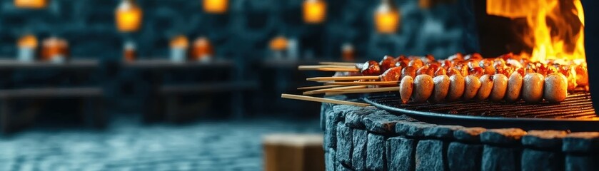 Delicious BBQ grill featuring skewered spicy sausages and crispy bacon, perfect for summer gatherings.