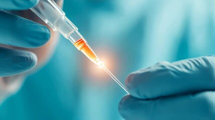 Laboratory technician preparing a syringe with an orange liquid. - Powered by Adobe
