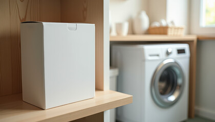Blank laundry detergent box mockup in laundry room