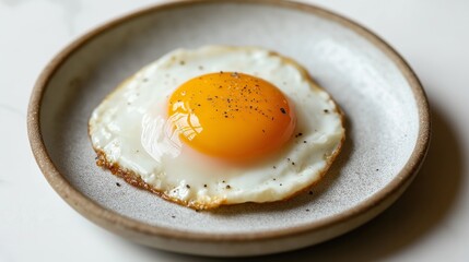 A delicately poached egg with a smooth, unbroken yolk, presented on a simple matte ceramic plate on a white background.