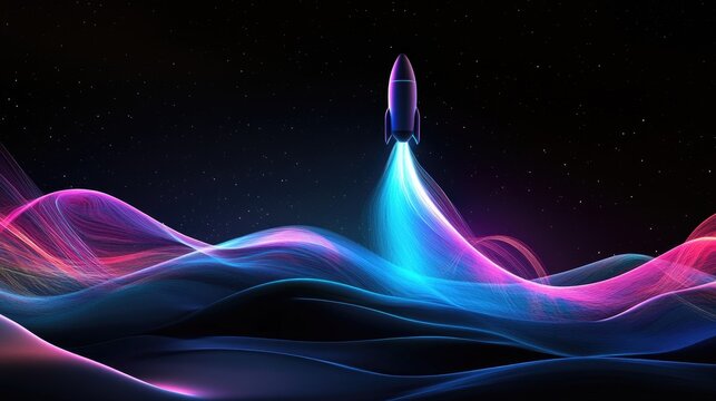 Abstract rocket silhouette with dynamic motion lines on a gradient space backdrop