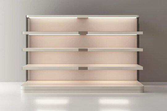 isolated empty 3D rendering showcase background podium racked display shop blank store market shelf supermarket retail rack equipment shelving.
