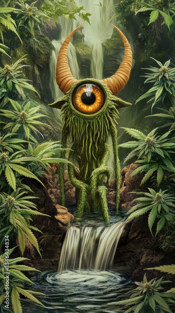 Poster surreal fantasy creature with a single glowing eye and horned features amidst a vibrant jungle and c
