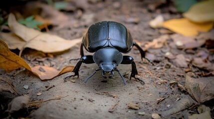 Naklejka premium Black beetle walking forest floor autumn leaves