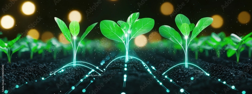 Poster a high-tech farm using ai to optimize plant growth and reduce waste.
