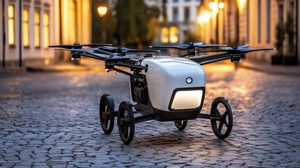 Autonomous delivery drone city street night cobblestone road