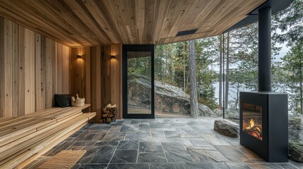 Fototapeta premium Modern Rustic Cabin Interior with Stone Floor and Wood Accents
