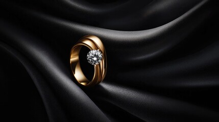 A beautiful solitaire diamond ring casting a delicate shadow on a black satin background
