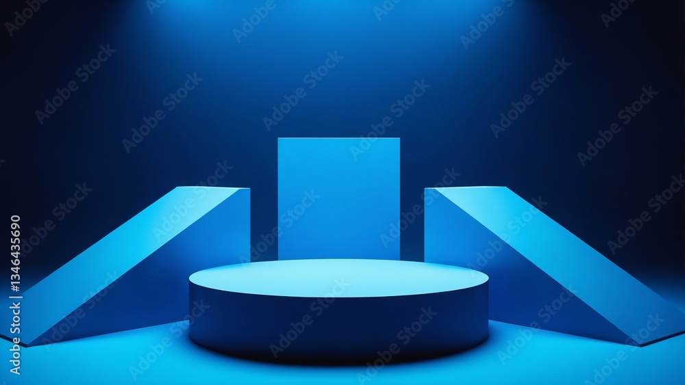 Poster futuristic blue geometric podium sleek minimal product display for advanced tech branding, digital m