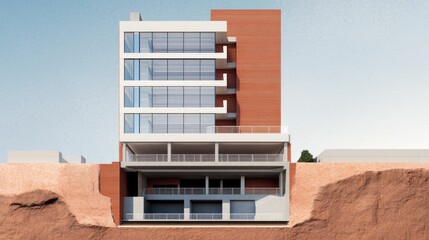 Detailed cross section diagram showcasing the structural elements and architectural design of a modern commercial building featuring a sleek glass and concrete facade multiple floors and a minimalist