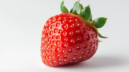 Fresh strawberry with vibrant red color and green leaves resting on a light background in a well-lit setting