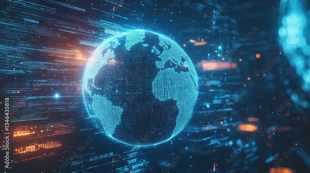 Poster a glowing digital globe composed of blue and orange lights in a cybernetic space, symbolizing ai, bi