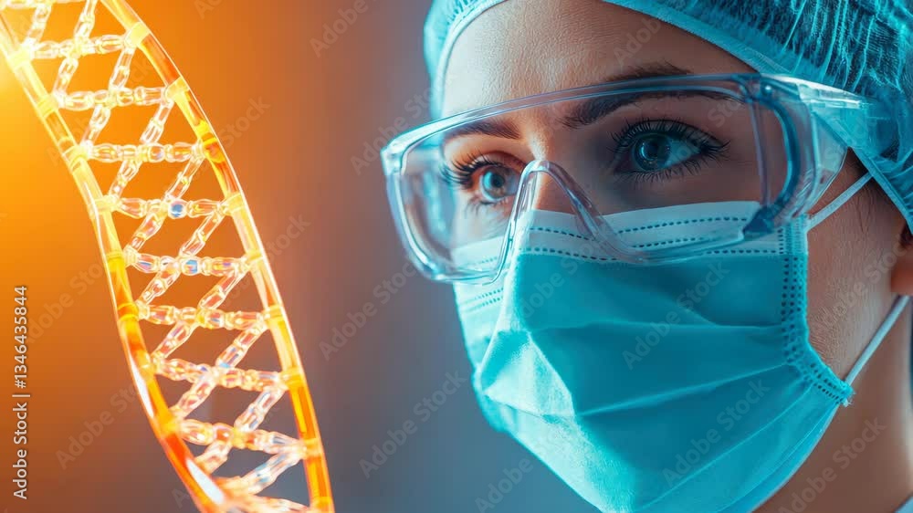 Poster scientist analyzing dna strand with focused expression
