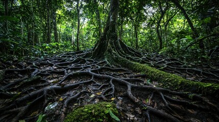 Obraz premium Dense Rainforest with Exposed Roots and Lush Greenery in Nature